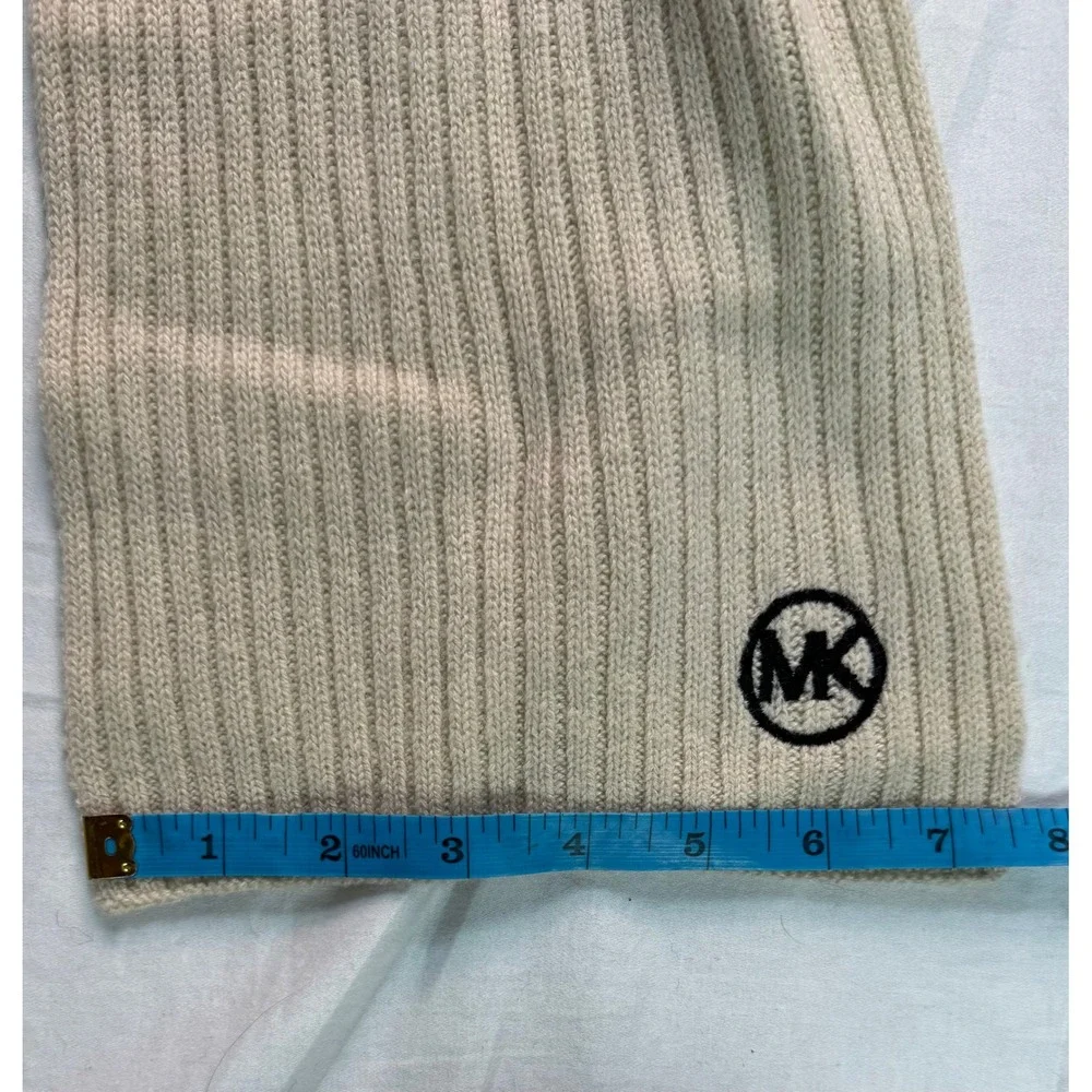 Michael Kors Wool Cashmere Ribbed Striped Scarf Cream Black MK Logo One Size